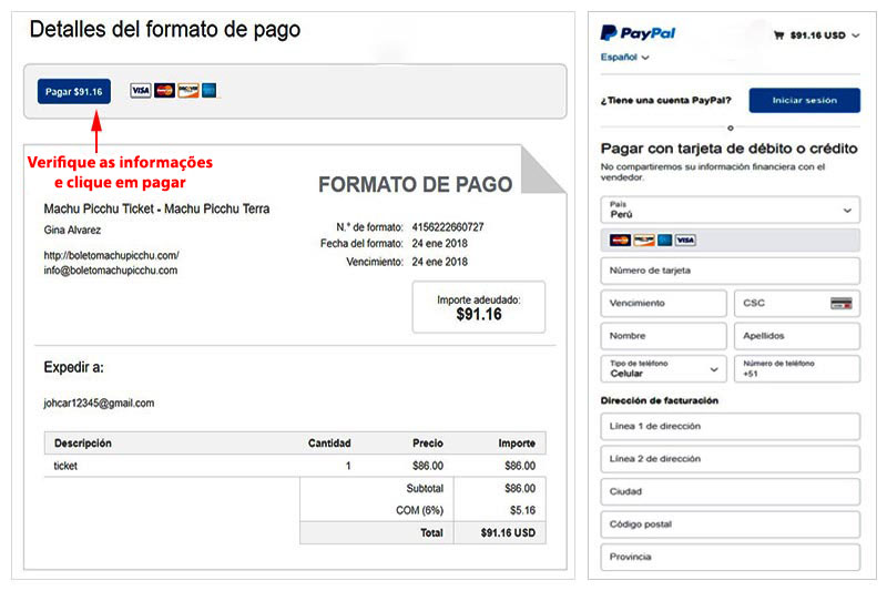 Factura Paypal bilhete Machu Picchu