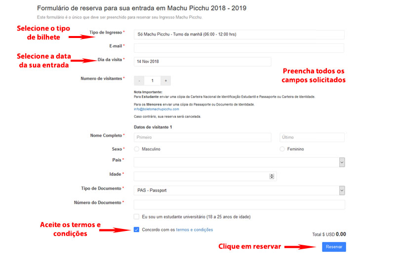 Formulário de reserva de bilhete Machu Picchu