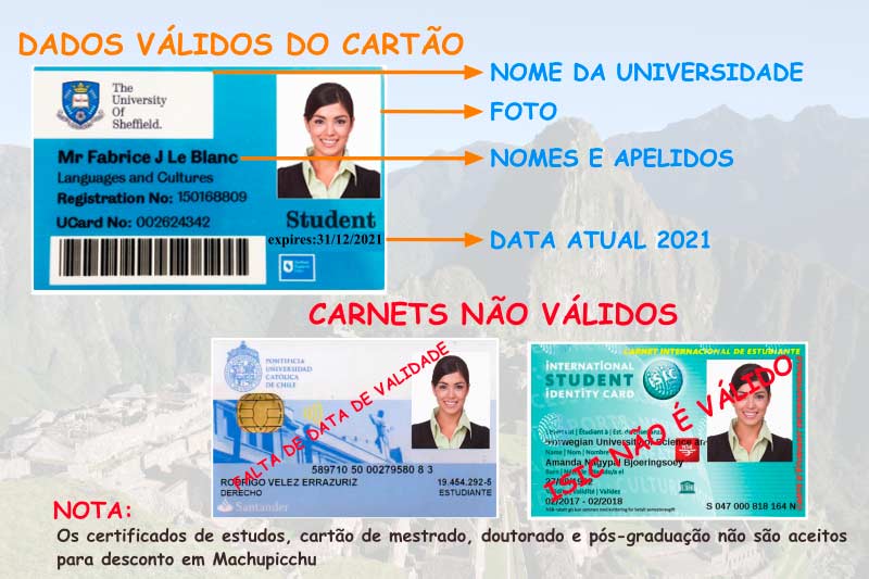 Carteirinha Machu Picchu Carteira válida para reservar o seu bilhete Machu Picchu