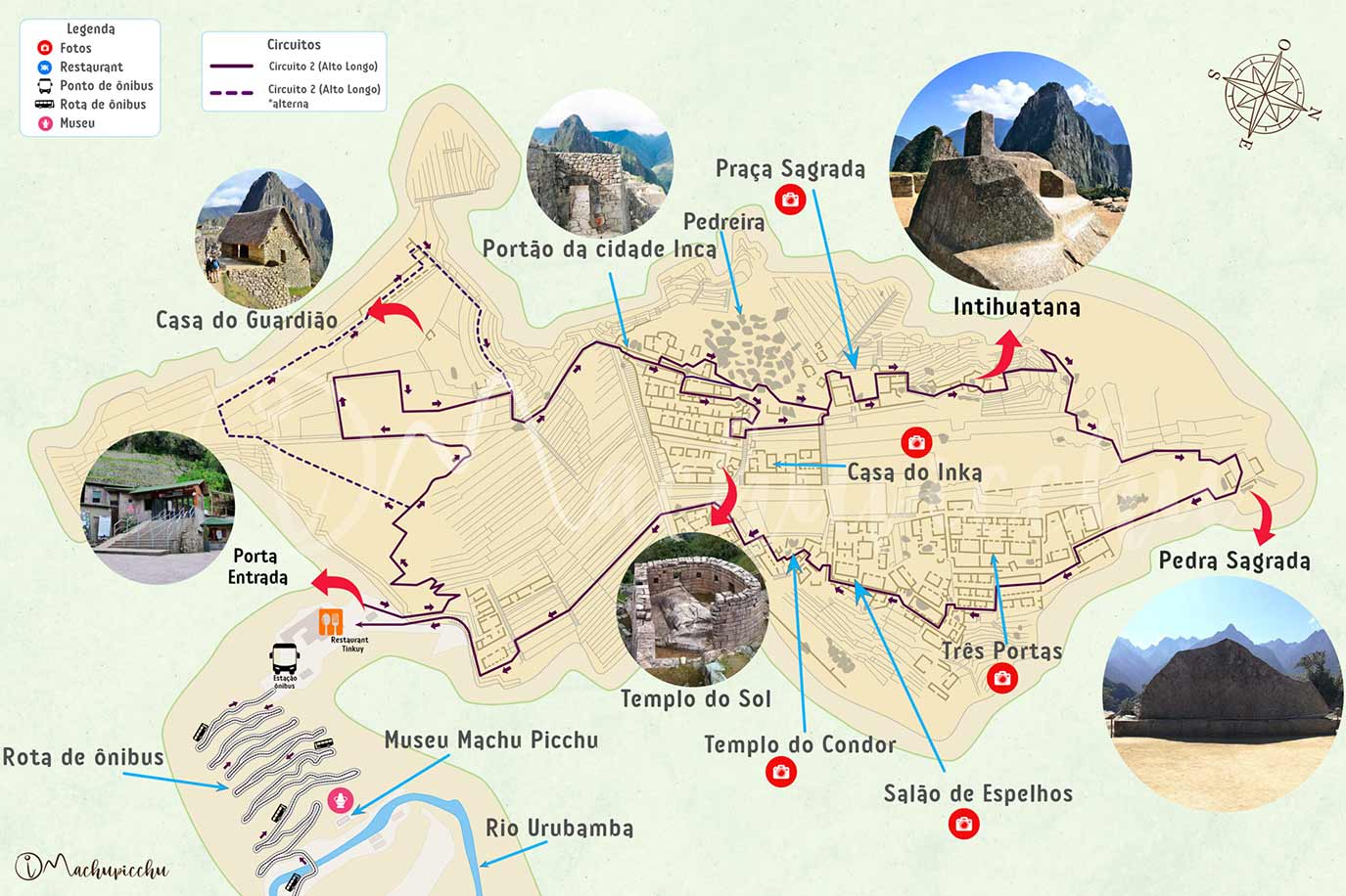 Mapa para chegar a Intihuatana e à Rocha Sagrada