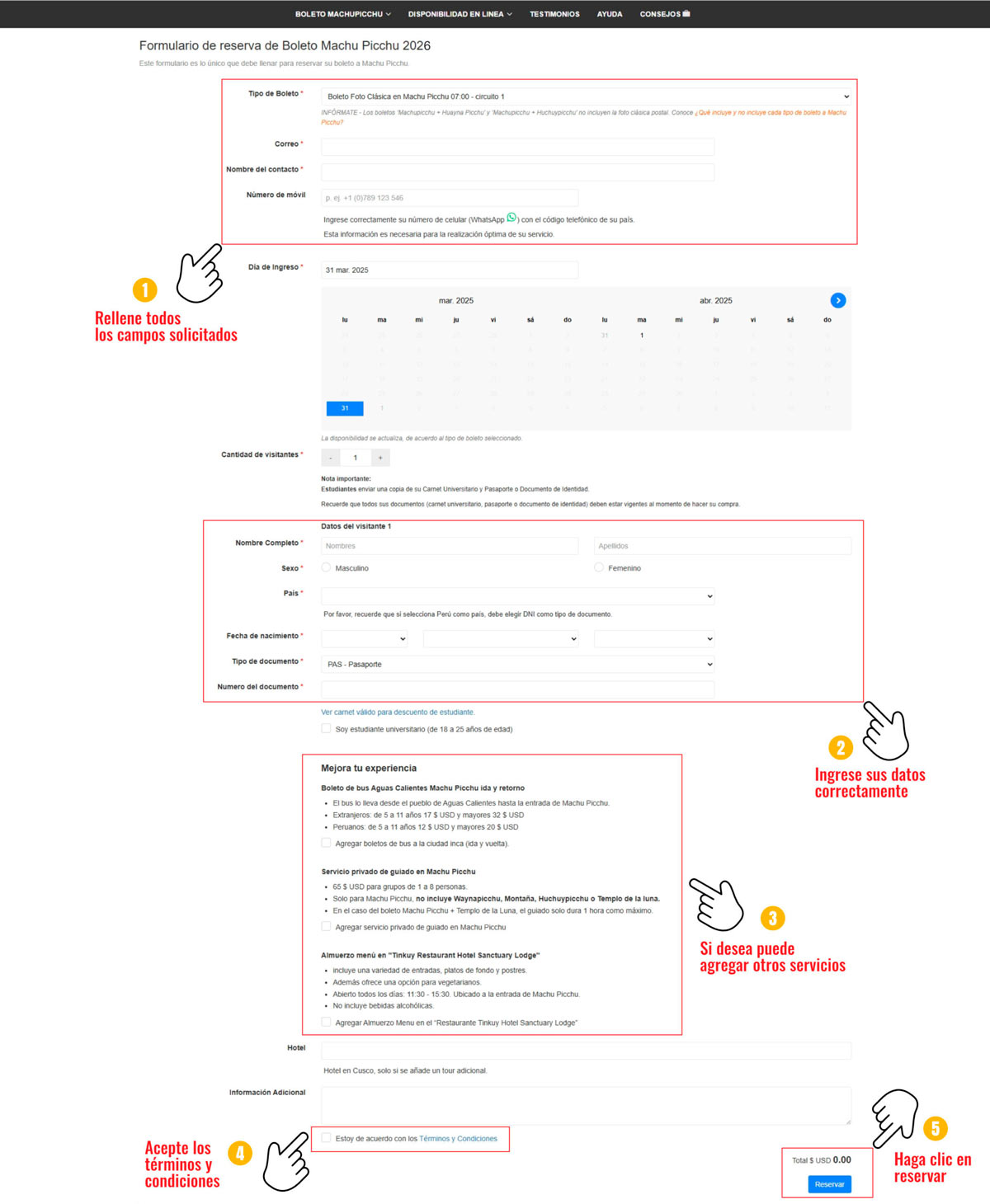 Formulário de reserva de ingresso para Machu Picchu